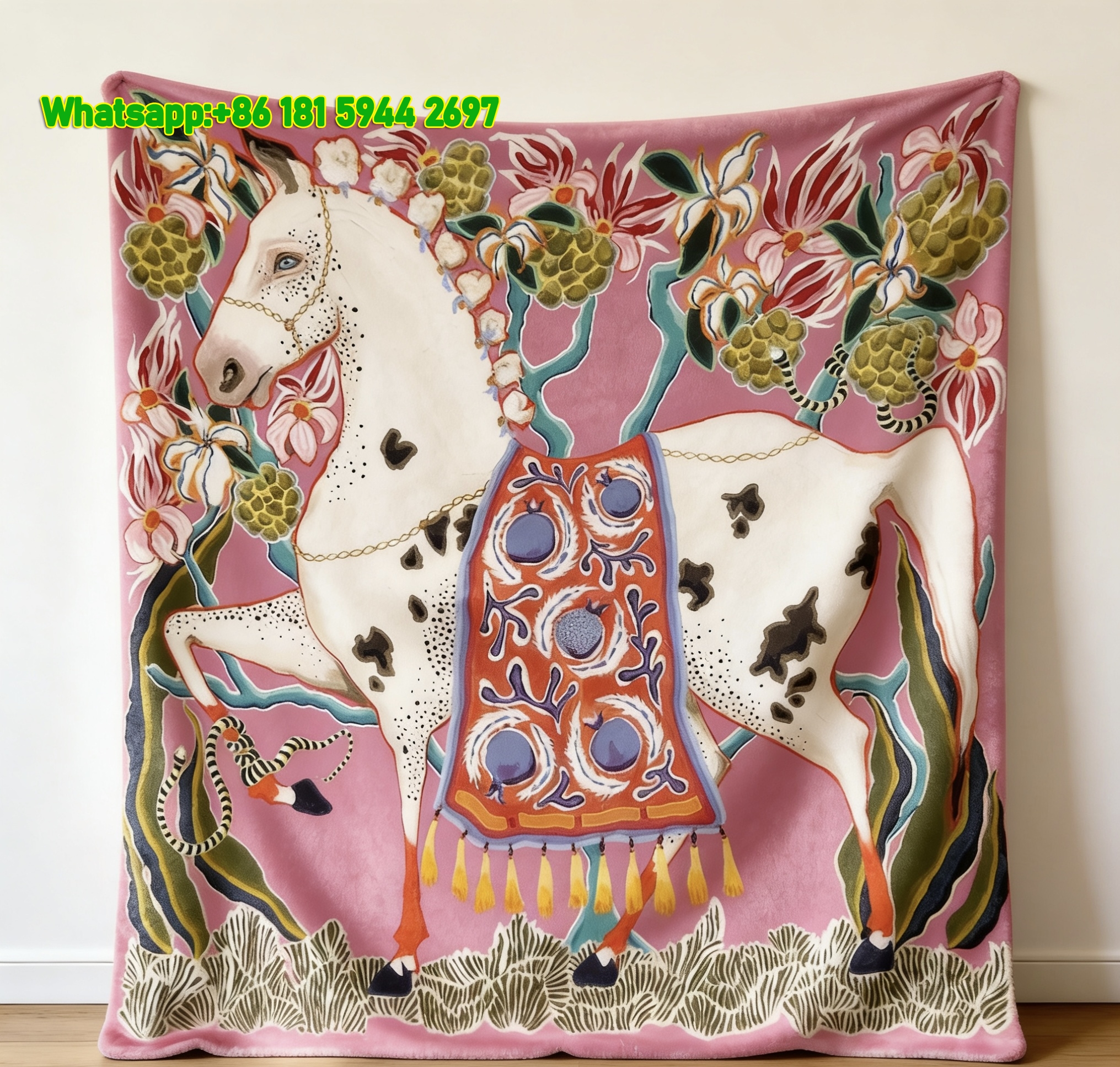 Hermes Pink Floral Horse Flannel Throw Blanket IMG_5475